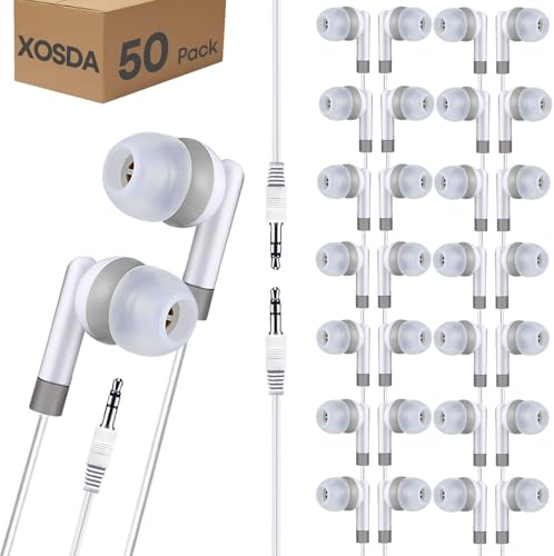 XOSDA Lot de 50 écouteurs filaires en vrac pour enfants, salle de classe, école, Wholeslae pour étudiants, enfants, tout-petits, adolescents, garçons et filles (XPG101, 50 blanc)