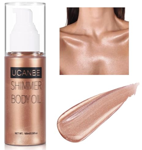 UCANBE Body Shimmer Oil 100ml, Moisturizing Body Glow Glitter Oil, Waterproof Shimmering Luminizer Liquid Illuminator Highlighter, Tinted Shimmer Lotion Glowing Bronzer Makeup(Rose Gold)