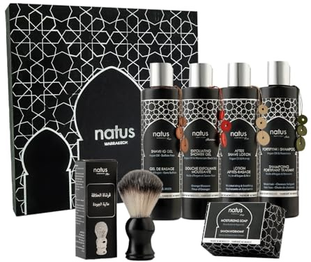 Coffret Beauté Homme à l'Huile d'Argan - Savon, Shampooing, Gel douche, Gel de Rasage, Après-Rasage & Blaireau artisanal - Tous Types de Peau/Cheveux - Végan et Naturel
