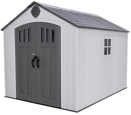 Lifetime Outdoor Storage Shed, 8x10 Ft, Gray, Resin Tool Shed with Lockable Doors and Steel-Reinforced Walls