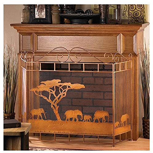 Fireplace Screen Guard, Fireplace Spark Protection Previous Fire Screen with Elephant Walki Design， Functional Light Brown Fireplace Screens for Hot Slow Combustion Stove