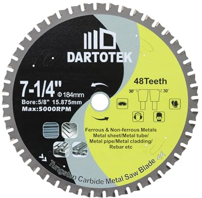 7-1/4/184mm Metal Cutting Disc, DARTOTEK Circular Saw Blade 48T,Tungsten Carbide Tipped TCT Cut Off Wheel for Steel, Ferrous Steel Pipe with 5/8 Arbor