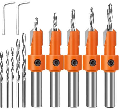 AUTUUCKEE 5 Pcs Countersink Drill Bit Set, 10 Piece, Twist, Straight Shank, Alloy Steel, 6° Cutting Angle, For Wood, Plastic, Soft Metal