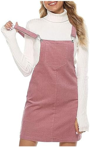 duxyoz Damen-Kleid, ärmellos, Cord, Latzhose, Vintage, lockere A-Linie, Mini-Overall, Kleid, verstellbarer Riemen, Latzhose, einfarbig, Strapsrock, lässig, kurze Kleider, 01 Rosa, M