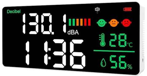 5-in-1 Dezibel Messgerät Wandmontage DB Messgerät Schallpegelmessgerät 43-130dB 11 Große LED-Anzeige Lärm-, Zeit-, Temperatur- & Luftfeuchtigkeit messgerät für Zuhause (Db Messgerät-2000mah)