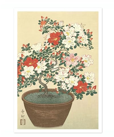 Blooming Azalea In Brown Pot Ohara Koson Poster, Japanese Woodblock Ukiyo-E Print, Vintage Nature Art Picture Animal Painting Wall Art, Artwork Home Decor, A5 (Print Only) - 21x14.8cm