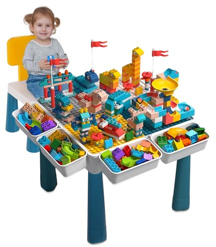 Sinbide 7-in-1 Kindertisch, Kindertisch und Stuhl Set Bausteintisch, Multifunktionaler Aktivitätstisch, Lernspielzeug für die kindliche Entwicklung, Doppelseitige Tischplatte (Mit 548 Spielbausteinen)