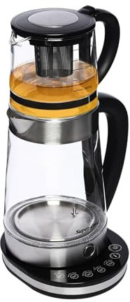 RjcdOPL Bouilloire Électrique Double 2,5 L avec Théière en Verre 1 L, Machine à Thé 1500W avec Infuseur, Écran LCD, Base Séparable, Protection Surchauffe, Pratique pour Maison et Bureau
