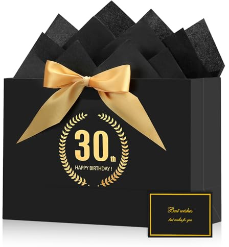 BBLIKE Geschenktüten Set geschenktüte schwarz gold geschenktütchen mit Grußkarten und Sydney Paper geschenktüten mit schleife Geschenkverpackung für Geschenk 30 Geburtstag Jahrestag Feier