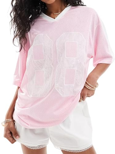 Felcia Womens Oversized Jersey Shirts Y2k Number Graphic Print Short Sleeve Aesthetic Summer T-Shirt Streetwear (A-Pink, L)