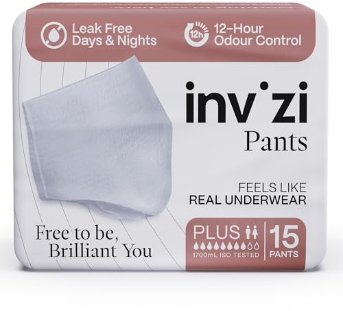 Invizi Pants Plus Lot de 15 culottes jetables pour incontinence – Culottes de traction pour fuites urinaires et intestinales légères, unisexes, ultra absorbantes pour une protection de jour et de nuit