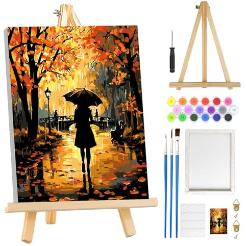 MOGTAA Pintura por números para niñas/adultos principiantes con marco, pintura de paisaje por números para adultos con caballete, kits de pintura al óleo DIY para manualidades artísticas para