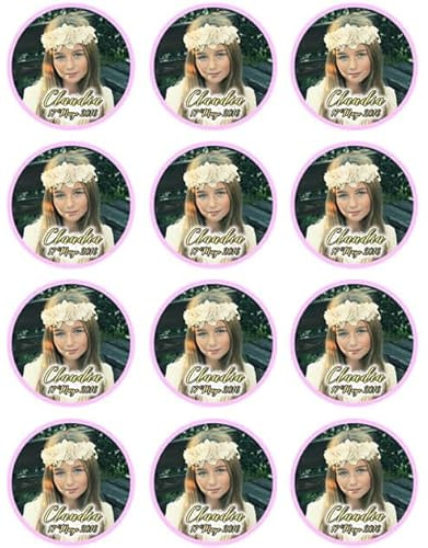 OBLEA COMUNION GALLETAS O CUPCAKES CON FOTO NIÑA, personalizada nombre y fecha. Medida redonda. Papel Comestible Decoracion Cumpleaños, Obleas Comestibles Redondo - Vegano y Sin Gluten