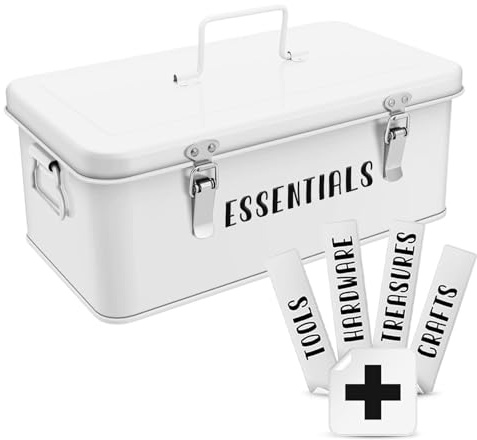 Flexzion Multipurpose Metal Storage Box - Metal Box with Lid, Handles, and Dual Latches for Medical and Tool Storage - 4 Compartments with Safety Lock, White | Seed Packet Organizer with Dual Latches and Carry Handles for Gardening Supplies, Tools, Crafts and Household Essentials