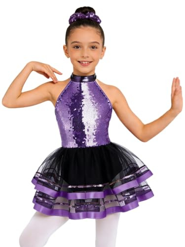 JIZYO Kids Girls Sequins Halter Ballet Tutu Dress Ballerina Leotard Modern Jazz Latin Dance Costume with Hair Band