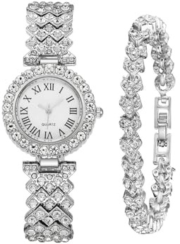422 Store Luxury Women's Crystal Quartz Watch Set, Silver Roman Numeral Dial, Rhinestone Bracelet Watch with Matching Tennis Bracelet, Fashion Dress Wristwatch (Silver)