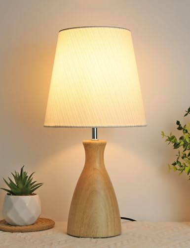 Bedside Lamps, 34cm Wooden Table Lamp with Fabric Lampshade, Gold Thread | On-Off Switch Bedside Nightstand 2700K Warm Light Linen Shade Compact for Bedside Table Living Room Bedroom Decor Gift Office