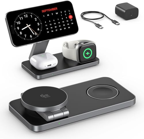 Qi2 25W Caricatore Wireless, Stazione di Ricarica Pieghevole 3 in 1 per iPhone 17e/17/16/15/14/13/12/Air, Apple Watch e Pods Pro con Adattatore Rapido-Nero