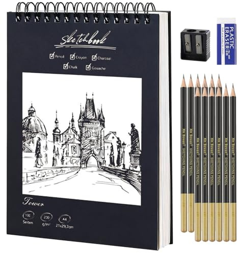 A4 Skizzenbuch Set, 200g/m² Dickes Papier 100 Seiten/ 50 Blätter Spiralbindung 14 Zubehörteile: 12 Skizzenstifte, Radiergummis Spitzer, Skizzenblock A4 Hardcover Zeichenblock für Zeichnen Malen Kunst