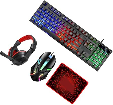 HEALEEP Combo Teclado y Ratón para Juegos Cable Retroiluminado, Auriculares para PC y Alfombrilla de Ratón, Kit para Escritorio Gaming, Diseño Ergonómico, Compatible Computadoras