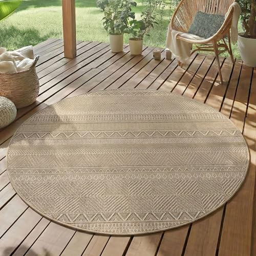 SIMPEX Outdoor Teppich Rund 80 cm Beige Wetterfest UV-beständig Pflegeleicht Skandinavisches Boho Design für Balkon Küche Flur Indoor Outdoor