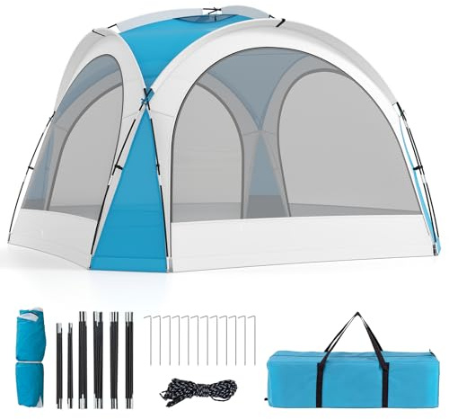 COSTWAY Tente de Plage 6-8 Personnes avec 4 Parois en Maille | Grand Abri Solaire Portable Piquets Cordes à Vent et Sac de Transport, pour Pique-Nique Voyage, 344 x 344 x 230 cm
