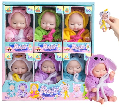 Yeaxxsqy 6-teiliges lebensechtes Mini-Babypuppen-Set 4, 3x2, bewegliche realistische Babypuppe mit weichem Bademantel, Kleiner Schlaf für Kleinkinder ab 3 Jahren, Geburtstag