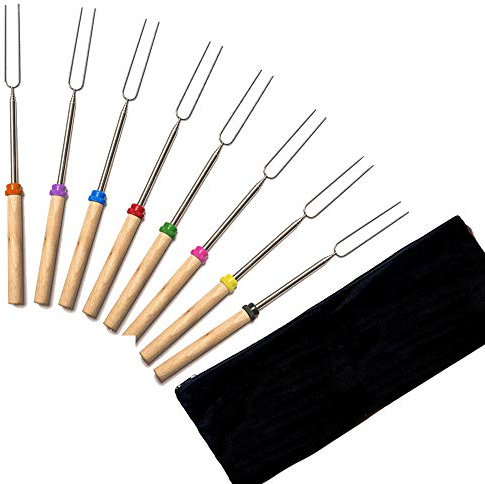 Marshmallow-Bratstäbchen, Teleskop-Gabeln, Grillen, Camping, Metallspieß, ausziehbar, Edelstahl, Hotdog-Gabel mit Tragetasche, 8 Stück