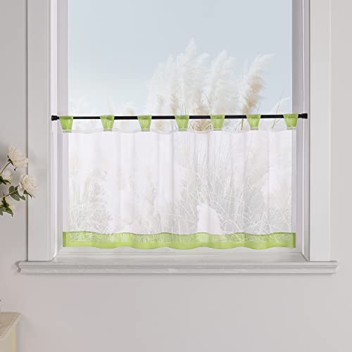 Yujiao Mao Voile Scheibengardine mit Schlaufen, Weiß Grün, HxB 30x120 cm | Küchengardine, Bistrogardine für Küche und kleine Fenster, transparente Kurzgardine, Sichtschutz, Landhausstil