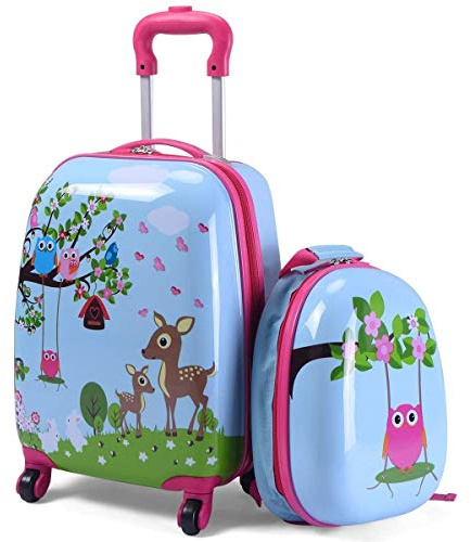 COSTWAY Set di Valigia per Bambini, 16 Valigia+ 12 Zaino, 2 Pezzi, con Ruote Girevoli a 360° e Maniglia Retrattile, Ideale per Viaggiare in Modo Comodo e Divertente (Modello 11)