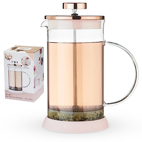 Pinky Up Riley Mini Glass Tea Press Pot, Coffee Maker, French Press for Loose Leaf Tea and Coffee, Hot or Iced Beverage Brewer, 12 oz, Pink