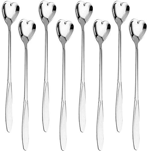 Falytemow Cucchiai in acciaio inossidabile 304 per caffè, tè, dessert, bevande, frappè, cucchiaini da tavola, confezione da 8 (8 pezzi a forma di cuore argentato)