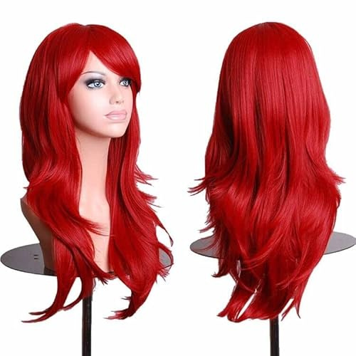 Colorfulpanda Qualitativ Hochwertige Cosplay Kostüm Rot Perücke Für Frauen,Lang Voll,Lockig Wellen Heiz resistent. Seitenscheitel Pony,Fashion Glamourös Haarteil mit kostenlosen Perücke Kappe,70cm