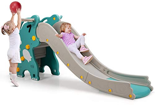 BABY JOY Toddler Slide, Kids Large Slide Play Climber Set with Long Slipping Slope, Basketball Hoop and Ball, Enclosed Steps, Easy Assemble Indoor Outdoor Backyard Freestanding Slides for Kids Age 1-8