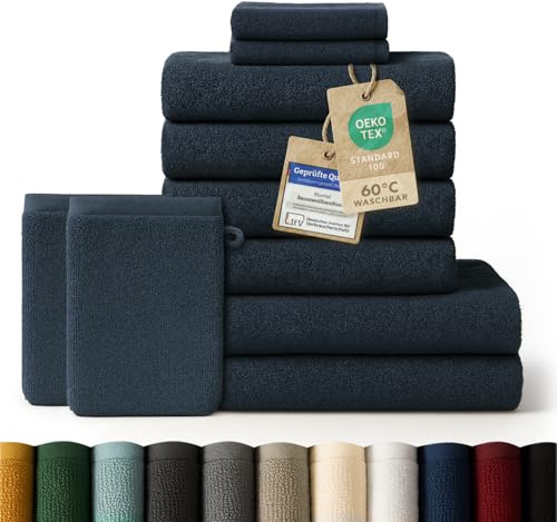 Blumtal - Set med handduk - 2 badhanddukar - 4 handtorkar - 2 gästhanddukar - 2 tvättlappar - mjuk och absorberande - 100% bomull - Oeko-TEX® certifierad - mörkblå