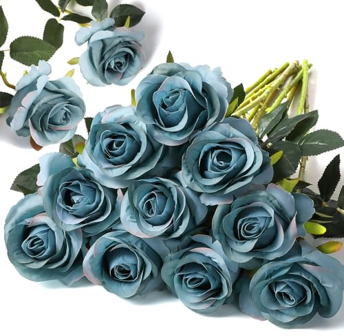 Floralsecret 12 Stück künstliche Seide Rose Blumenstrauß Faux Flowers Home Hochzeitsfeier Dekor(Blau) …