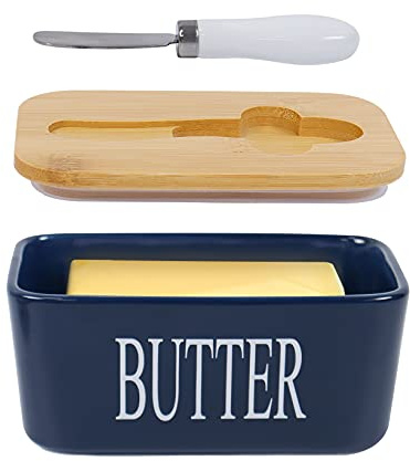 Beurrier en porcelaine avec couvercle, hermétique en silicone, beurre, beurre, noix, fromage, bleu + couteau à beurre