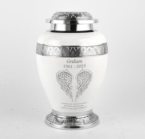 Personalised Cremation Urn for Human Ashes – Aluminium Angel Wing Design – Elegant Funeral Container and Memorial Vessel Holds Remains up to 90kg or 14 Stone (Personalised Elegent White)