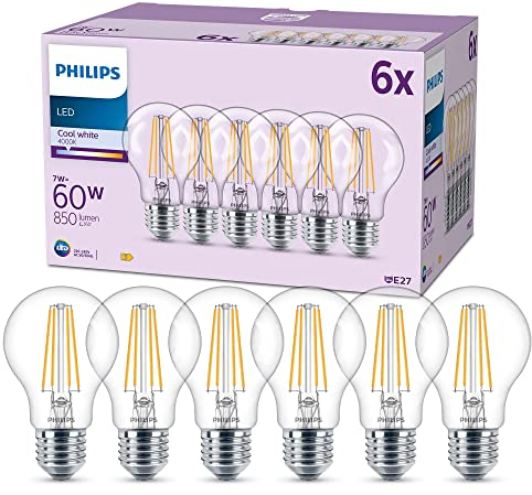 Philips - Bombilla LED filamento, 7W (Eq. 60W) 850 lúmenes, casquillo E27, Luz Blanca Fría (4000k) - Pack 6 Bombillas
