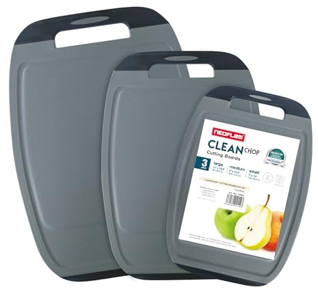 NEOFLAM® Plastic Chopping Board Set of 3, Large, Medium, Small - Antibacterial with Microban, BPA-Free, Dishwasher Safe, Non-Slip, Grey