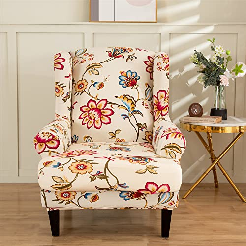 Highdi 2-Teilig Ohrensessel Bezug Sesselbezug Sesselüberwürfe Ohrensessel Überzug Klassisch Blumen Stretch Sesselhusse mit Armlehne für Ohrensessel, Relaxsessel, Fernsehsessel (Rote Blume)