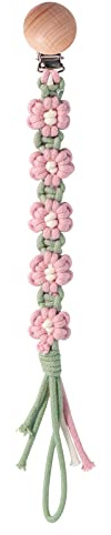 Symbolife Pacifier Clip for Boys Girls Floral Daisy Macrame Paci Clip Pacifier Holder Leash Boho Wooden Clips Handmade Braided Cotton Unisex Baby Shower Birthday Gift