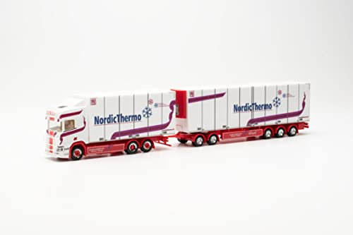 Herpa LKW Modell Scania CR 20 HD Schwedencombi „Salonen/Nordic Thermo“, originalgetreu im Maßstab 1:87, Modell LKW für Diorama, Modellbau Sammlerstück, Deko Miniaturmodelle aus Kunststoff