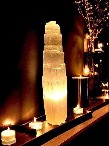 vingardium leviosa Pure Selenite Crystal Natural Light Mountain Tower Lamp Handmade Natural Energy Healing Clarity and Meditation Lamp Home Decoration TableLamp Mineral Christmas Occasion Gift (30cm)