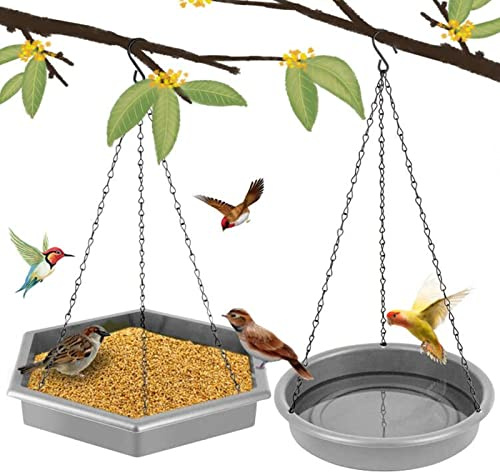 Vogeltränke zum Aufhängen, 2 in 1 XL Hängende Vogelfutterstation & Vogeltränke für draußen, Wildvogelfutterspender zum Aufhängen (grau)