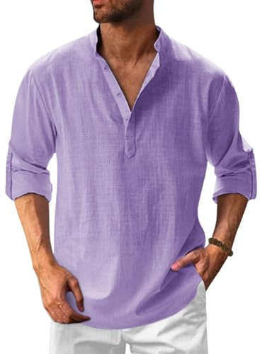 Onsoyours Hommes Chemises en Lin Solid Henley Shirts Casual Manches Longues été Mao Chemise de Plage Classique Décontractée Casual Regular Fit