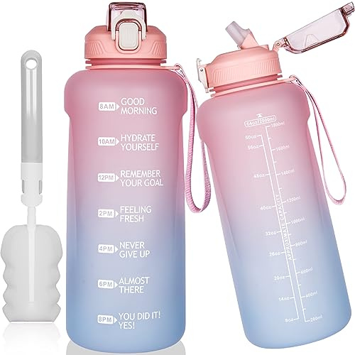 DEARRAY 2 liter Große Tritan Trinkflasche mit Strohhalm & Zeitmarkierung 2l BPA-frei Motivation Wasserflasche mit Uhrzeit 2000ml Motivierend Sportflasche für Gym, Fitness, Wandern