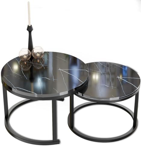 HeyHeaven® Couchtisch rund Marmor 2er Set – Runder Couch Tisch in schwarz Marmor Optik mit schwarz Metallgestell – moderner Tisch für Wohnzimmer, Schlafzimmer & Balkon, Ø70 Ø50
