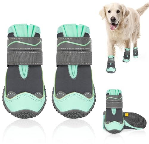 SlowTon Dog Shoes for Large Small Medium Dogs - Waterproof Dog Boots for Summer Hot Pavement, Paw Protector for Outdoor Walking Winter Snow, Anti-Slip Rubber Dog Booties for Hardwood Floor (Green, 6)