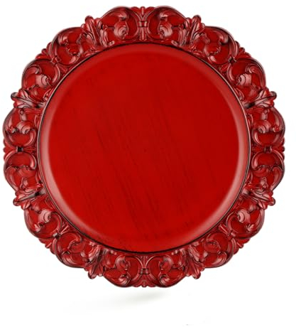 Gifturbo 13 Antique Red Charger Plate Set of 6, Chargers for Dinner Plates with Embossed Rims, Round Plastic Plate Chargers for Christmas, Wedding, Elegant Tableware Decoration